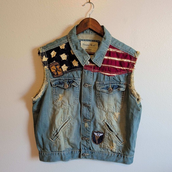 Smoke Rise Jackets & Blazers - Smoke Rise Denim Vest Women Small Light Blue Distressed American Flag Patches